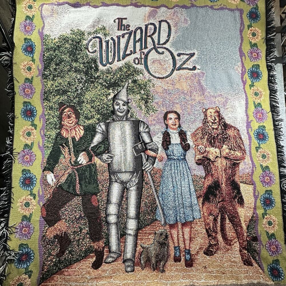 Vintage 2002 Wizard of Oz Woven Sofa Throw Blanket 48x56 Acrylic Fringed
